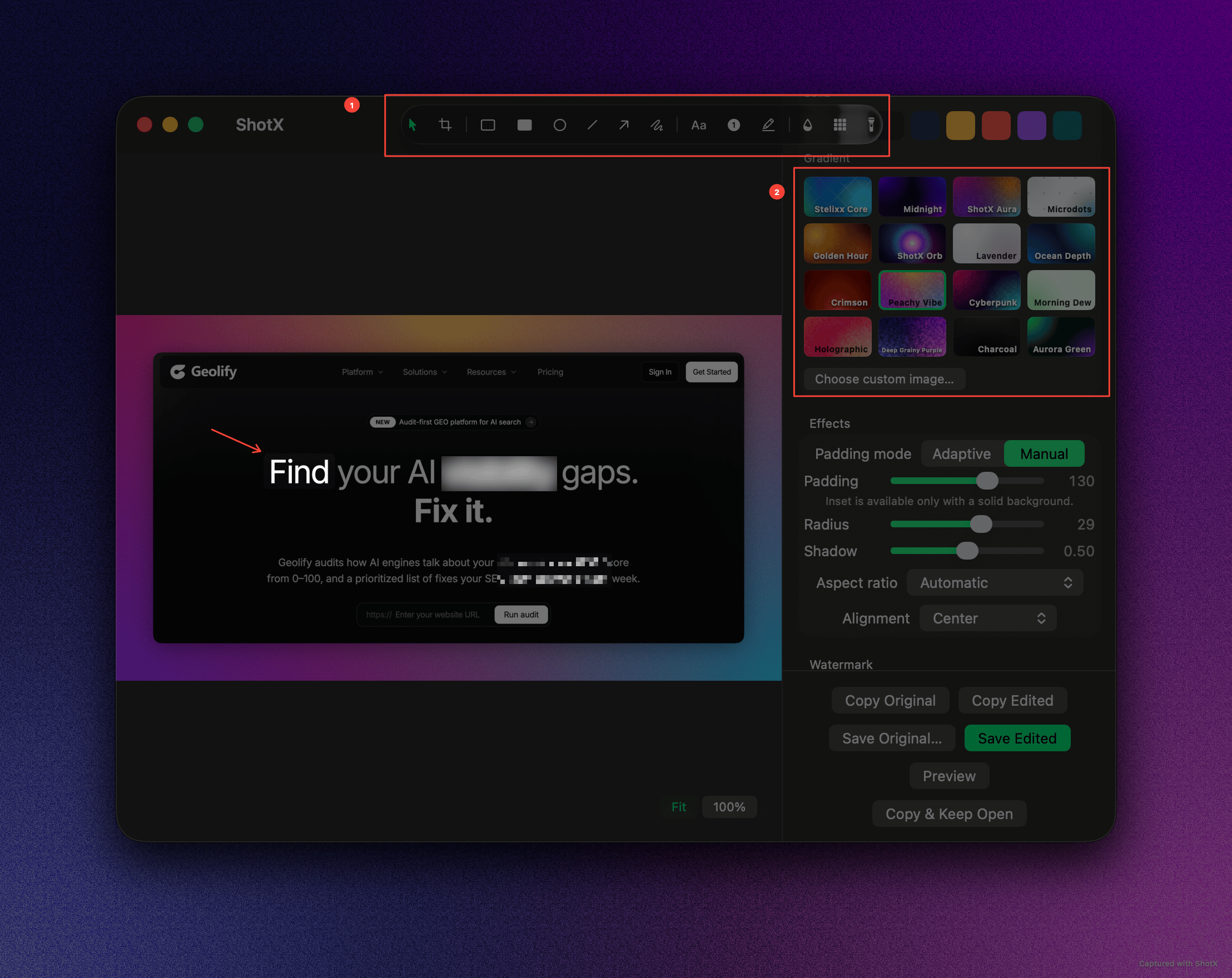 ShotX blur, pixelate, and redaction controls on editor toolbar